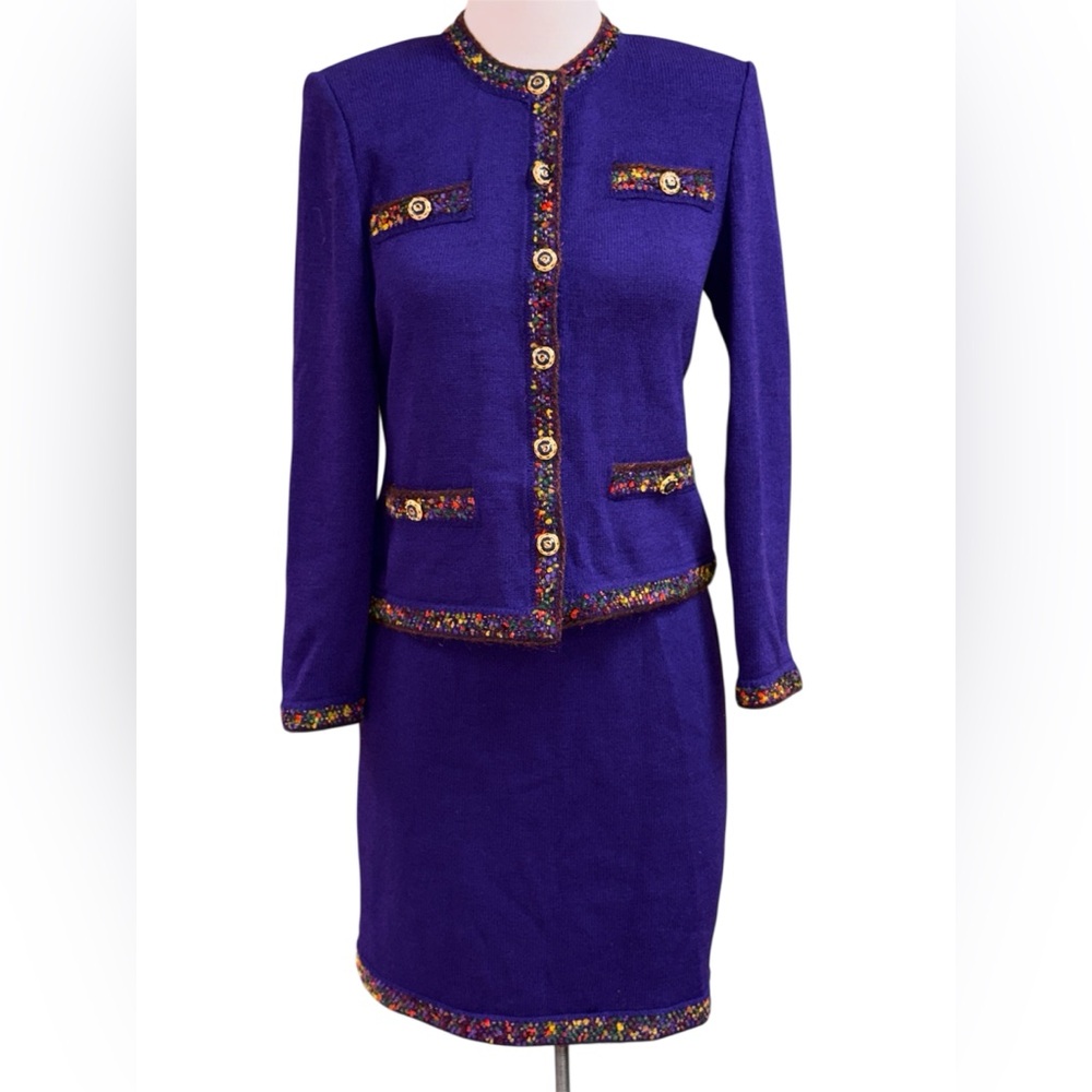 St. John Marie Gray Purple Knit Jacket and Skirt Set with Multicolor Trim Sz 4
